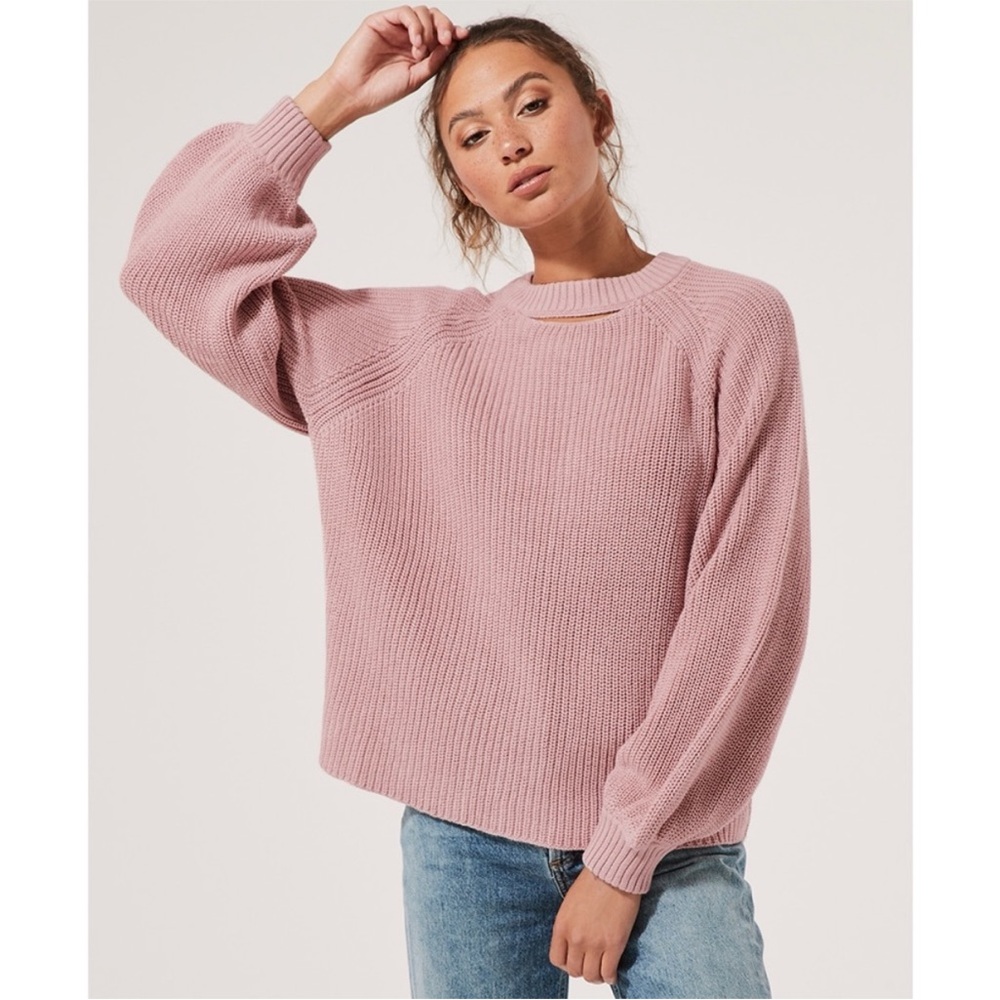 Pact Apparel Peek-A-Boo Poet Sleeve Cozy Knit Sweater - French Pink - Large
